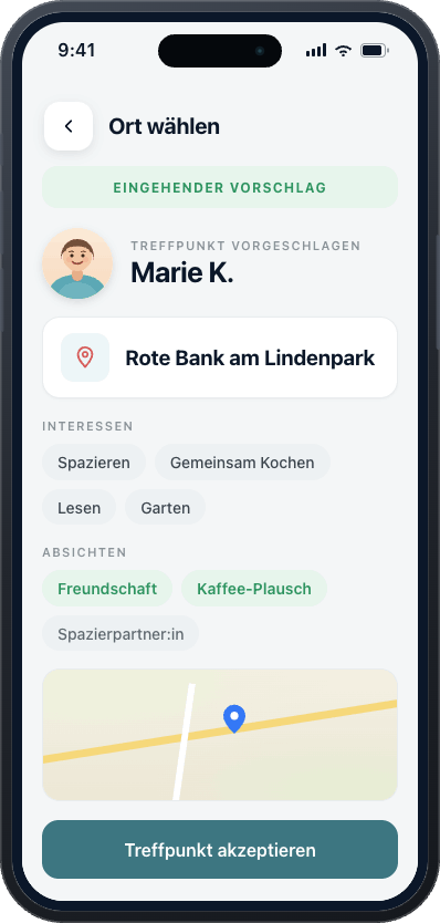 Close App Screen zum Vorschlagen und Annehmen eines Treffpunkts